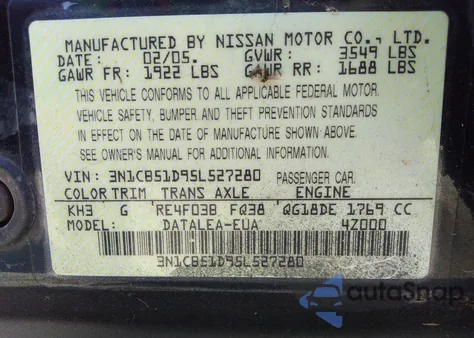 2005 Nissan Sentra 1.8 z USA, uszkodzony, nr VIN 3N1CB51D95L527280